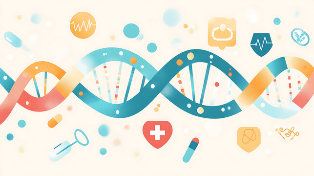 Illustration of a DNA Strand with Medical and Scientific Symbols