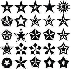 Obraz premium Collection of Twenty Eight Diverse Black Star Shapes and Designs This image showcases variety twenty eight unique star shapes all rendered black against