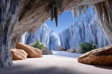 Exploring a rocky cave with stalactites overlooking a frozen canyon