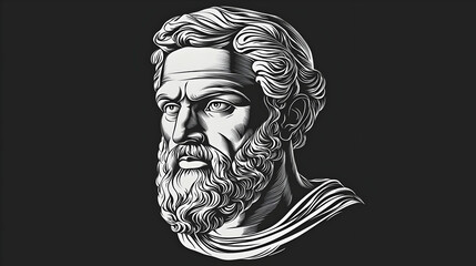 Detailed grayscale portrait of a man with flowing hair and a long beard, in a classical style.  Portrays a distinguished figure, likely from antiquity