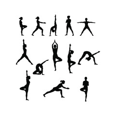 Collection of female yoga poses silhouettes fitness exercise workout healthy lifestyle