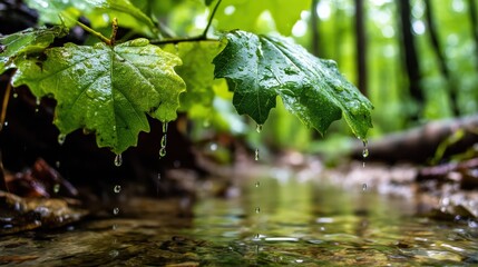 Green Leaves with Water Drops in Forest Stream After Rain
