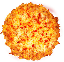 A golden-brown cheese pizza with a crispy crust, ready to be served and enjoyed.