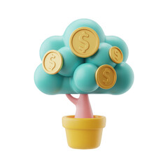 3d render of a money tree with gold coins isolated on transparent background