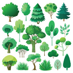 Collection of various green trees and bushes on a white background