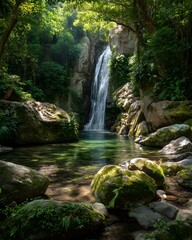 A scenic waterfall cascading into a clear pool surrounded by lush greenery and rocky cliffs in a forest
