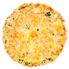 A round, golden-brown baked dish with a crispy top, likely a pizza or casserole.