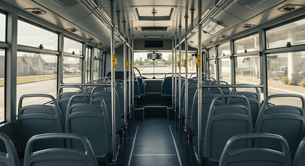 Interior of Empty Public Bus - View from the back of a modern bus looking forward with rows of empty seats, handrails, and aisle space
