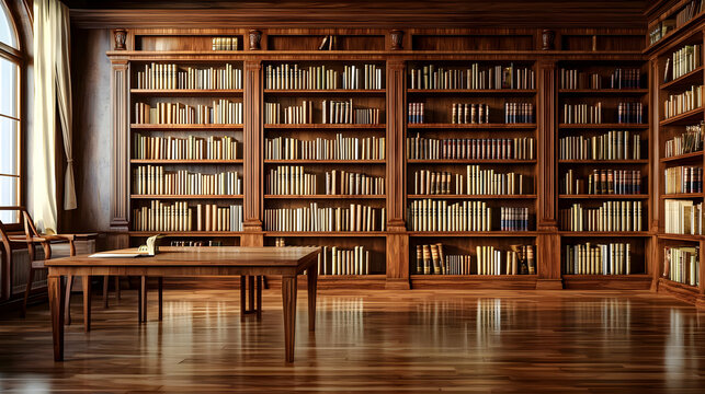 Luxurious library with rich wooden bookshelves and a small table, bathed in natural light.  Full of classic books