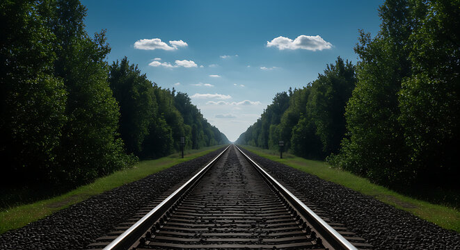 Train Tracks with Clear Perspective - Empty parallel railway tracks with clean horizon line, surrounded by trees and sky