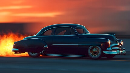 Classic Black Car with Flames at Sunset