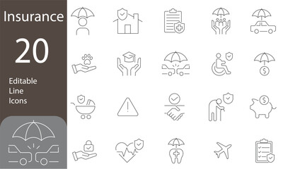 Insurance Editable Line Icons Set. insurance icons, life, car, pet, intellectual property, and more. Vector illustration