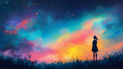 silhouette of a girl on a meadow