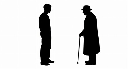 Silhouettes of a younger man and an older man with a cane facing each other on a white background