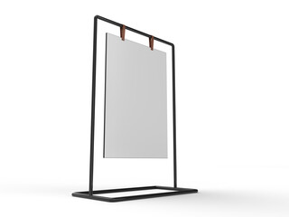 3D Realistic floor standing display mockup with metal base and leather. Blank portable vertical info white placard sign holder stand for presentation poster, banner, ads, products or exhibition info