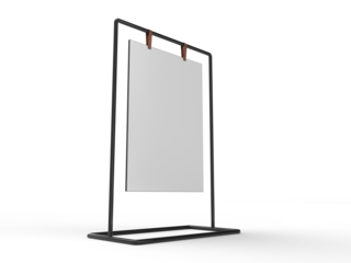 3D Realistic floor standing display mockup with metal base and leather. Blank portable vertical info white placard sign holder stand for presentation poster, banner, ads, products or exhibition info