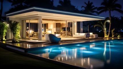 Fototapeta premium Night scene of luxurious villa with sleek glass walls, ambient LED lighting around a turquoise pool, white modular patio furniture, and lush plants bordering the area