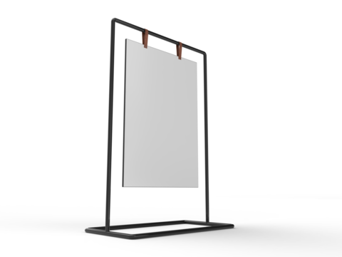 3D Realistic floor standing display mockup with metal base and leather. Blank portable vertical info white placard sign holder stand for presentation poster, banner, ads, products or exhibition info