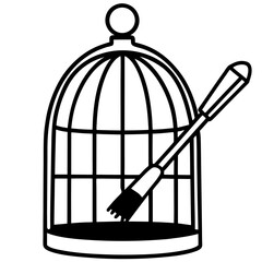 A paintbrush inside a birdcage with the door open, but the brush isn’t flying—representing suppressed ideas and artistic block.