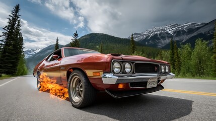 Classic Car on Fire in Mountain Landscape