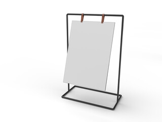 3D Realistic floor standing display mockup with metal base and leather. Blank portable vertical info white placard sign holder stand for presentation poster, banner, ads, products or exhibition info
