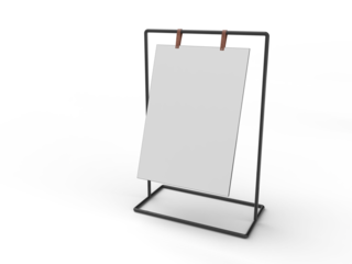 3D Realistic floor standing display mockup with metal base and leather. Blank portable vertical info white placard sign holder stand for presentation poster, banner, ads, products or exhibition info
