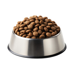 Premium Pet Food Kibble in Stainless Steel Bowl against transparent background