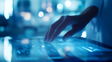 Hand interacting with a futuristic digital interface in a dimly lit environment