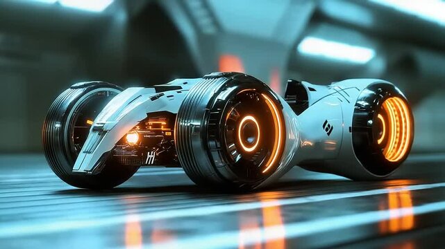 Futuristic vehicle illuminated in a high-tech environment with glowing accents and sleek design