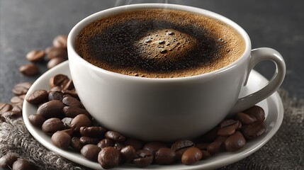 Coffee in White Cup with Coffee Beans