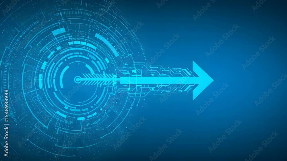 Wall mural abstract blue technology background with concentric circles and arrow symbolizing progress and innov