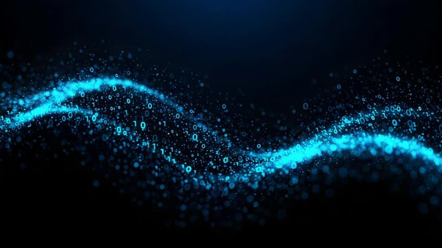Abstract Binary Code Data Stream Wave Pattern with Glowing Blue Particles on Dark Background for Digital Information