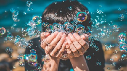 Person underwater with eyes closed, holding breath, surrounded by rising bubbles. Crystal clear water, focused on subject.	