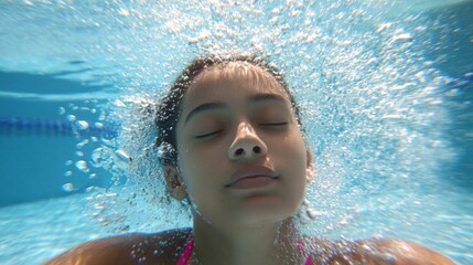 Person underwater with eyes closed, holding breath, surrounded by rising bubbles. Crystal clear water, focused on subject.	