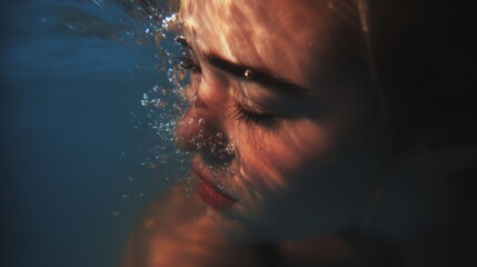 Person underwater with eyes closed, holding breath, surrounded by rising bubbles. Crystal clear water, focused on subject.	