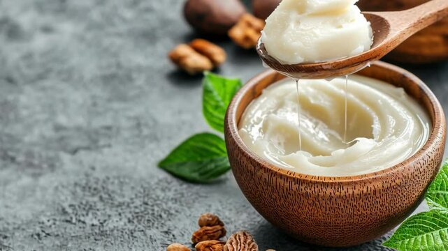 Shea butter moisturizing cosmetic beauty. Natural body cream in a wooden bowl with leaves and herbs around.	
