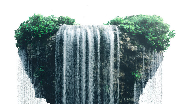 Surreal image: A waterfall cascading upwards into the sky, defying gravity, hyperrealistic water simulation, isolated on Transparent background