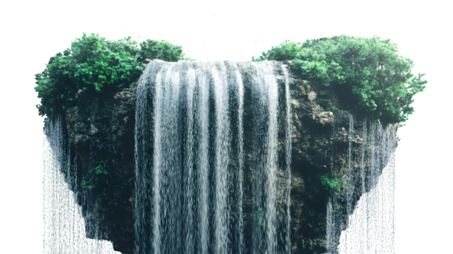 Surreal image: A waterfall cascading upwards into the sky, defying gravity, hyperrealistic water simulation, isolated on Transparent background