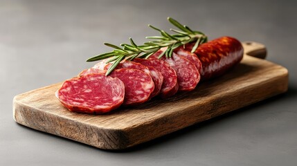 A rustic wooden board featuring thinly sliced, rich salami, garnished with fresh rosemary, ideal for charcuterie boards or gourmet appetizers at gatherings.