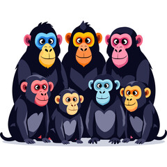 Cartoon Illustration of a Group of Monkeys with Varied Facial Colors, a Cheerful Animal Family Portrait