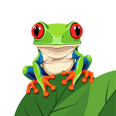 Cartoon Red-Eyed Tree Frog Sitting on a Green Leaf Illustration, Amphibian Wildlife Art
