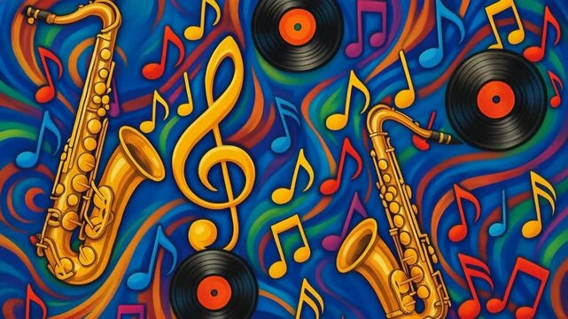 Abstract music background is represented by saxophones, treble clef, musical notes. Background Suitable for music design, posters and creative projects
