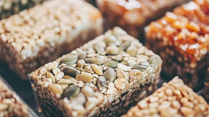 Gordijnen Close-up functional snack bar featuring natural textures and grains © decorator