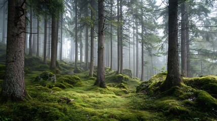 Obraz premium A dense forest with tall trees and a mossy ground cover illuminated by sunlight through the fog