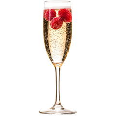 Champagne Glass with Bubbling Beverage and Fresh Raspberries