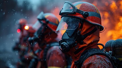 Obraz premium Courageous firefighters equipped with helmets and gear face daunting flames in snowy weather, showcasing bravery and commitment to protecting lives and property.