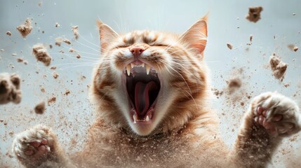 An energetic ginger cat roaring amidst a flurry of dust, capturing the essence of feline spirit and fierceness in a dynamic moment of expression and vitality.