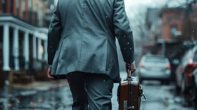 A suited businessman strides confidently through the rain, griping a leather briefcase, embodying determination amid a gloomy urban setting filled with reflections. - Powered by Adobe