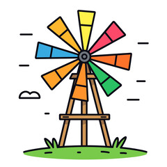 Obraz premium Colorful Windmill Illustration on Green Grass with a Simple Cloudy Sky, Flat Design