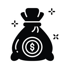 A glyph style icon of money bag tied with string